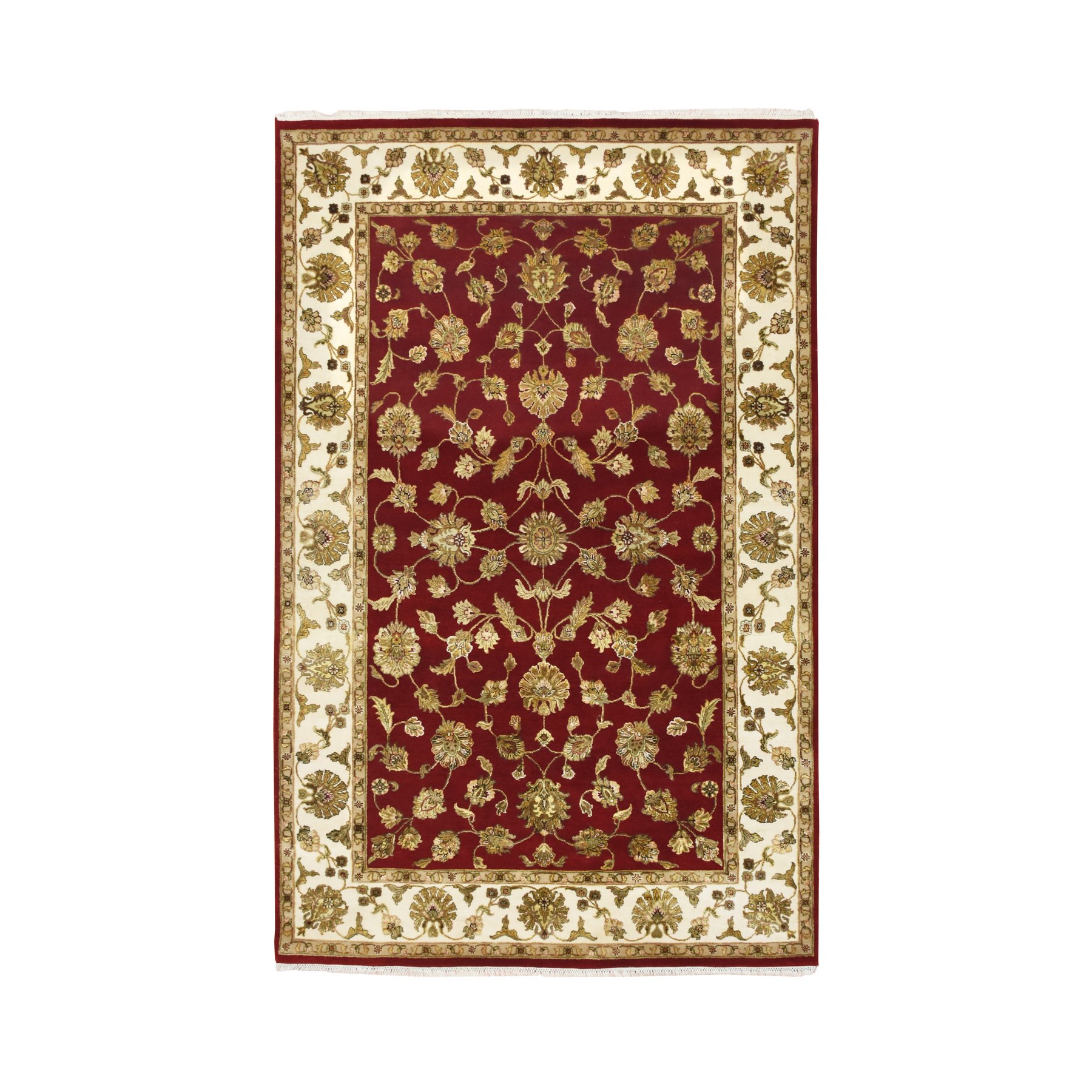 Ruby Red, Thick and Plush, Rajasthan with All Over Leaf Design, Hand Knotted, Wool and Silk, Soft Pile, Oriental Rug
